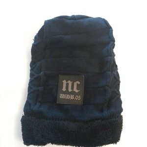 NC Hat Cap Fitted Mens Large Navy Knit Grunge Patch Winter Warm Beanie Acrylic